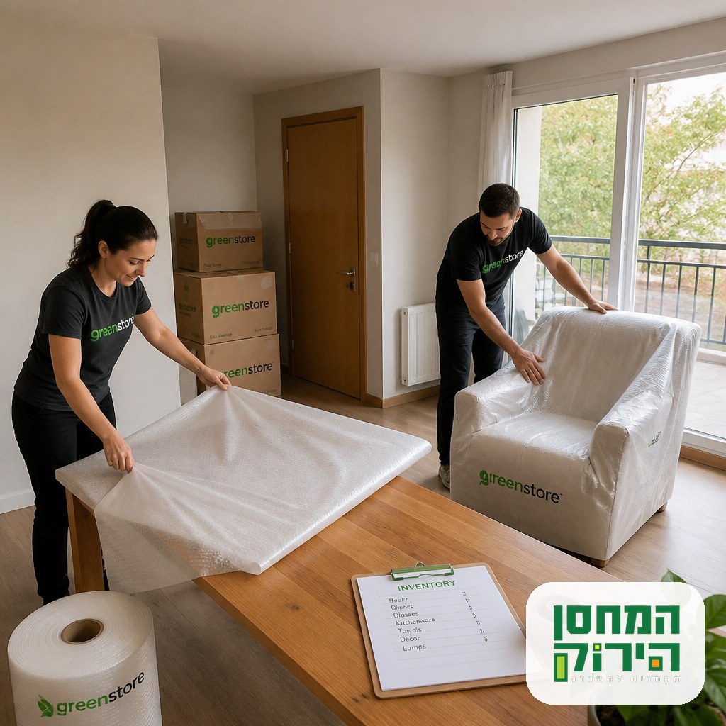 Owners wrapping a dining table and armchair before handing the apartment to a tenant