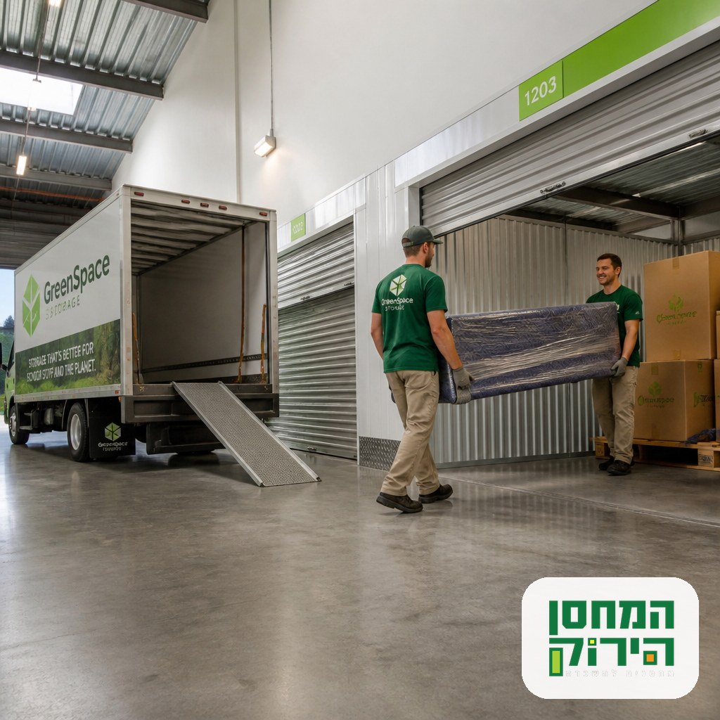 Movers loading a wrapped sofa and boxes into a storage unit from a small truck