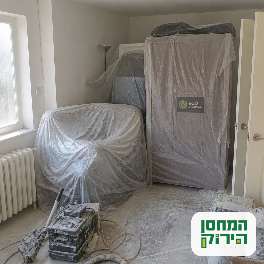 Furniture crowded under plastic sheeting and covered in renovation dust inside an apartment