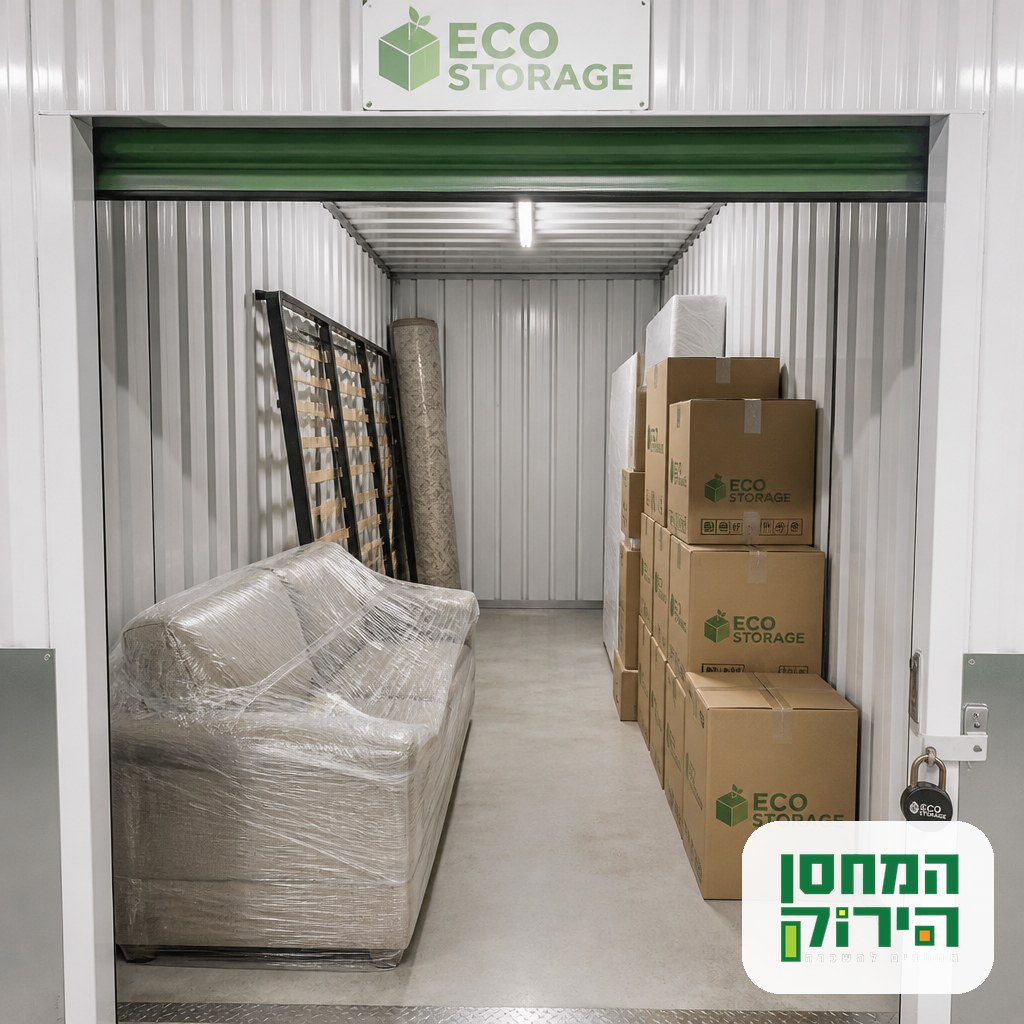 A private storage unit in Israel holding wrapped furniture and labeled boxes during a renovation