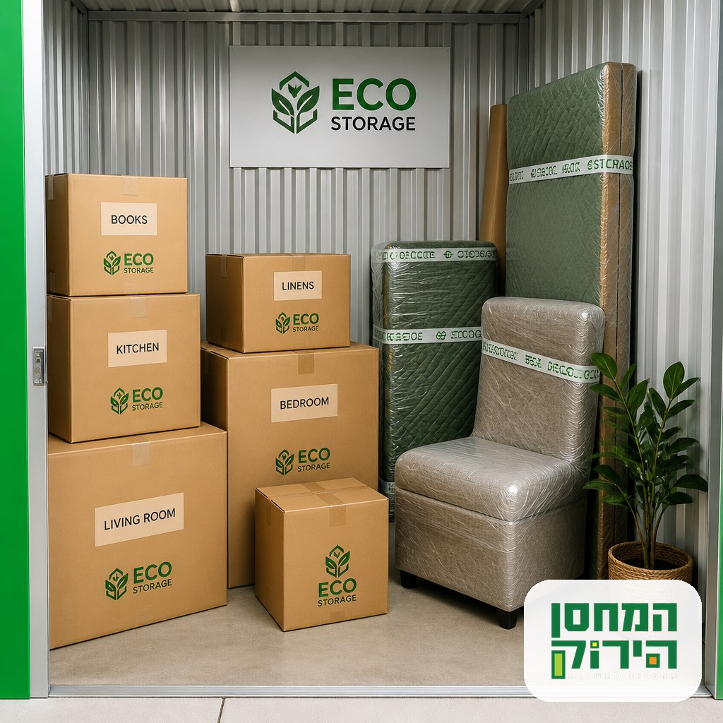 Labeled boxes and wrapped furniture in a private unit used for storage during divorce in Israel