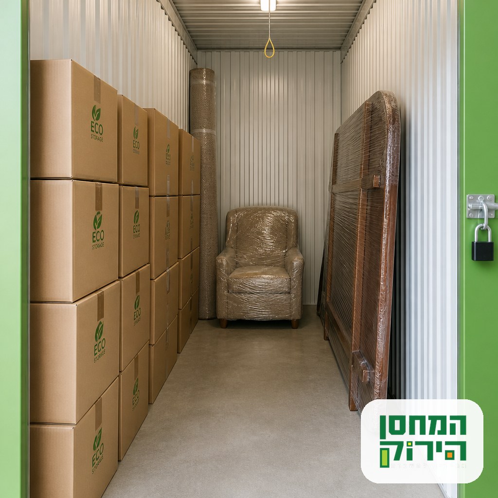 A private storage unit in Israel holding labeled boxes and wrapped furniture
