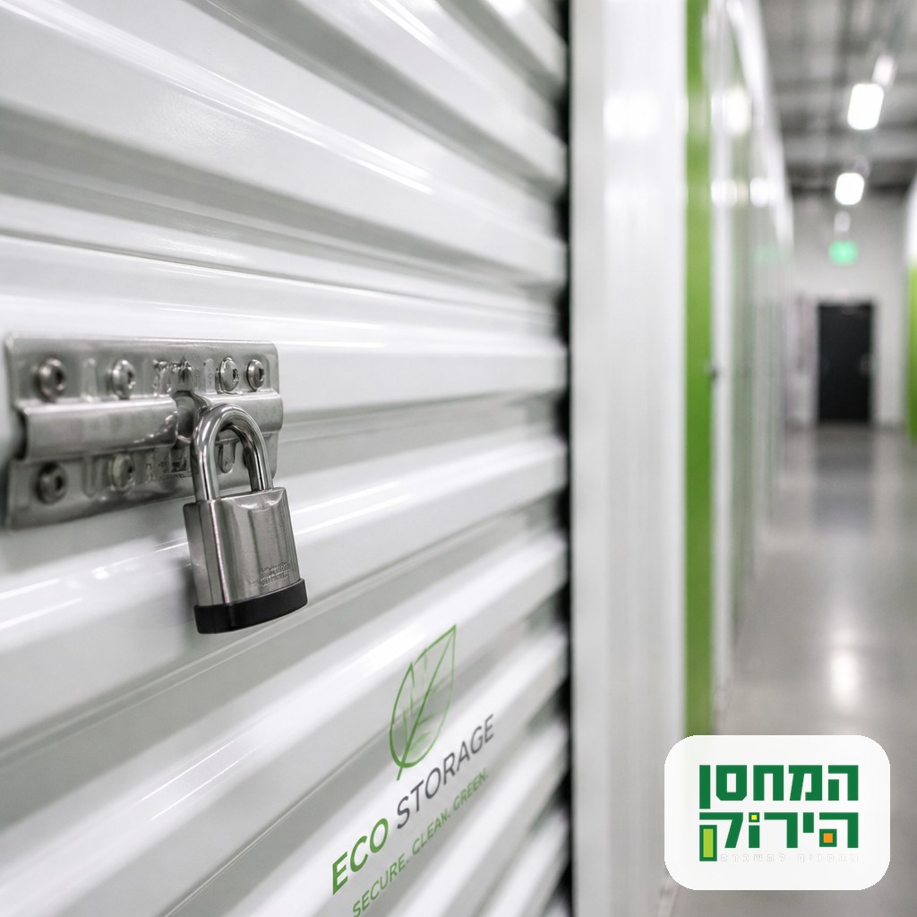 A storage unit door closed with a personal padlock in an indoor corridor in Israel
