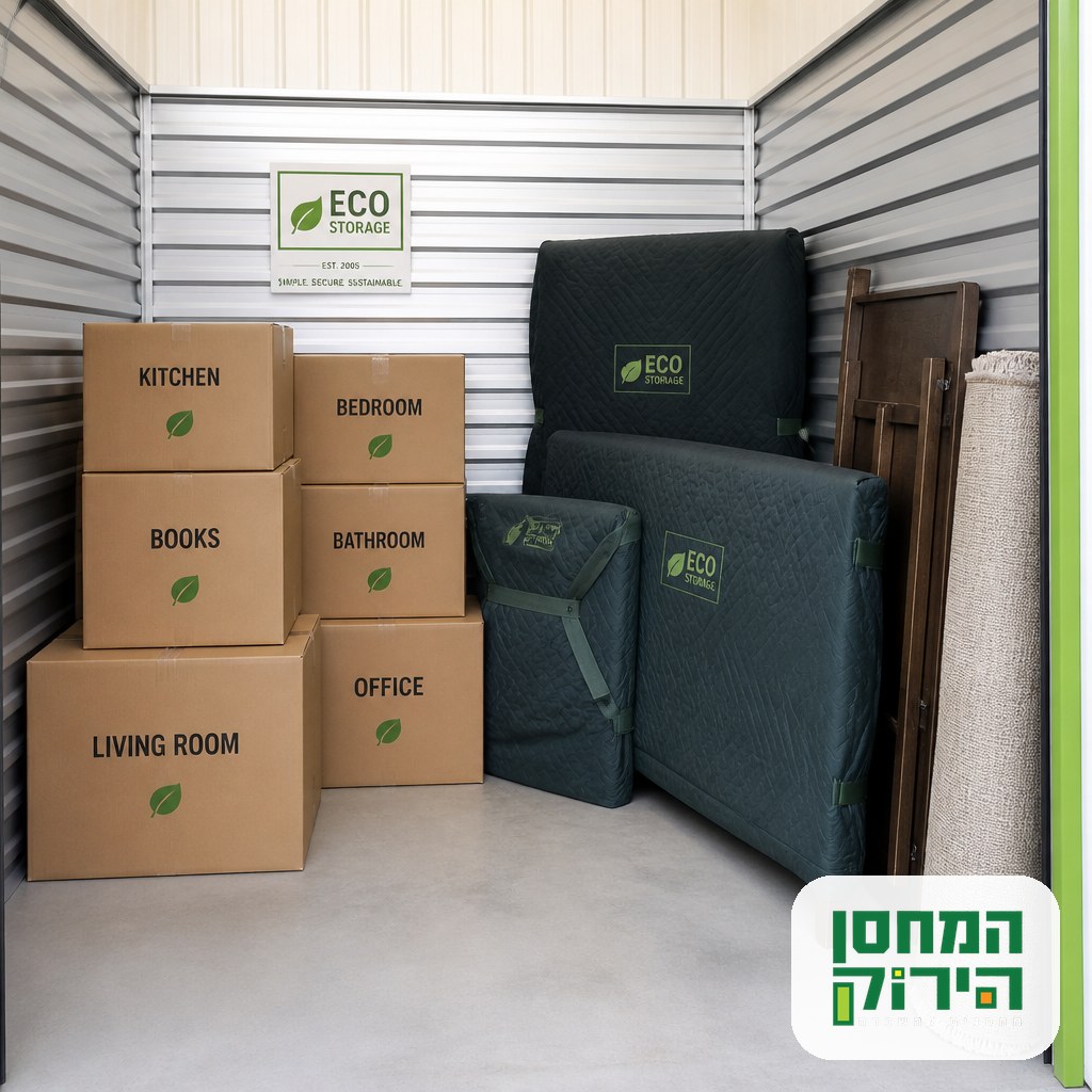 Labelled boxes and wrapped furniture in an indoor unit, storing furniture before moving to Israel